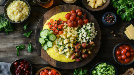 A vibrant overhead shot of a polenta board with different toppings, including cheese, vegetables, and sauces, inviting viewers to explore the diverse flavors.の素材