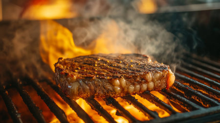 A thick, bone-in ribeye steak sizzling on a hot grill, with visible flames and smoke rising, highlighting the cooking process of a perfect steakの素材