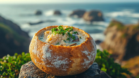 A rich and creamy bowl of clam chowder served in a sourdough bread bowl, garnished with fresh parsley, set against a seaside backgroundの素材