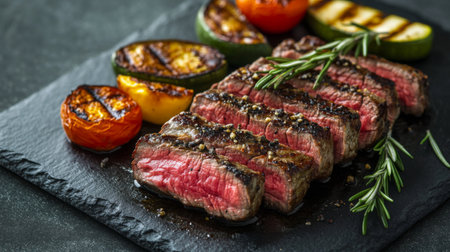 A sliced steak with a juicy pink center, neatly arranged on a dark slate plate with rosemary and grilled vegetables placed decoratively around itの素材