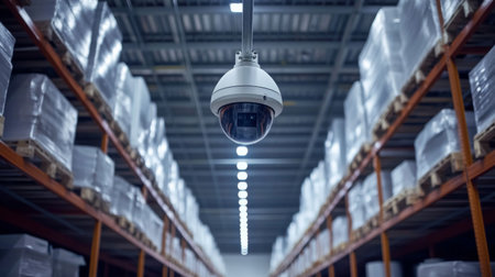 A white security camera mounted on a warehouse ceiling, observing rows of industrial shelves in a clean, organized environmentの素材