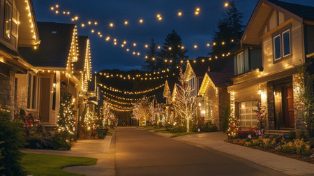 A peaceful suburban street lined with well-lit houses, decorated with string lights, creating a festive atmosphere that highlights the charm of residential neighborhoods at nightの素材