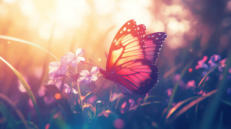 A vibrant macro shot of a colorful butterfly resting on a flower, highlighting its delicate wings and intricate patterns in bright sunlightの素材