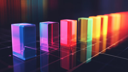 A row of vibrant, glass-like bars in a financial bar chart, with each bar glowing softly against a sleek, dark grid background, representing economic growthの素材