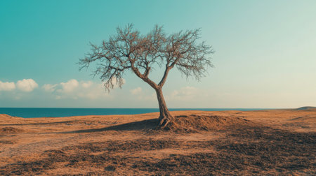 A lone, withered tree standing in a barren desert landscape with no vegetation, the sky a pale blue, symbolizing the effects of climate change on ecosystemsの素材
