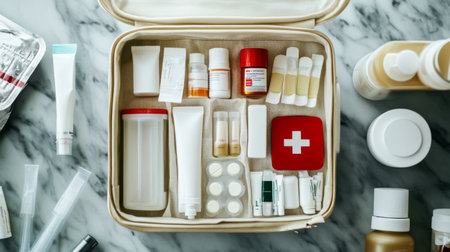 A top-down view of a home first aid kit opened to reveal band-aids, ointments, and other essential supplies, neatly organized and easily accessibleの素材