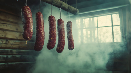 A serene image of sausages hanging in a traditional smokehouse, with a rustic background, capturing the artisanal process of sausage-making and smokingの素材