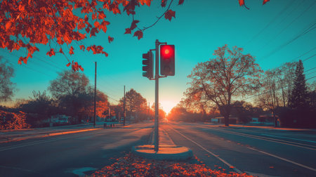 A striking image of a traffic light at a quiet intersection, with a bright red light glowing against a backdrop of autumn leaves and clear blue skiesの素材