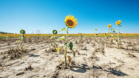 A tranquil image of a sunflower field wilting under the scorching sun, with a faded blue sky above, capturing the impacts of climate change on agriculture and natureの素材