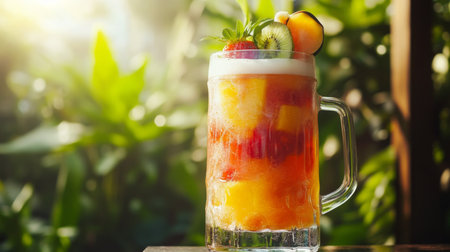 A striking shot of a beer glass filled with a bright, fruity beer, topped with fresh fruit slices, set against a sunlit patio with greenery in the backgroundの素材