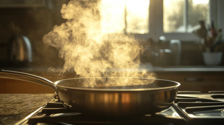 Gentle smoke drifting across a kitchen counter from a sizzling pan, with warm lighting creating an inviting yet mysterious atmosphereの素材