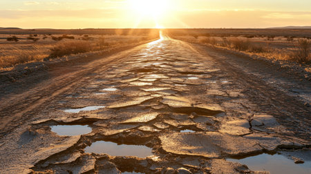 Melting asphalt on a sun-scorched road in an urban area, highlighting the extreme heatwaves and their impact on city infrastructureの素材
