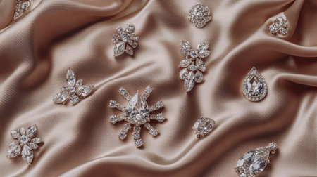 A top-down view of various diamond earrings scattered on a luxurious satin fabric, capturing the beauty of the stones and their elegant settingsの素材