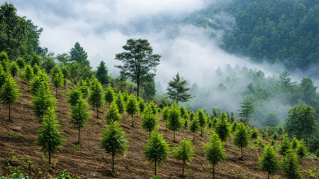 Newly planted rows of saplings on a hillside, with a soft morning mist hovering over the landscape, symbolizing the rejuvenation of deforested landの素材