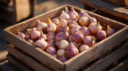 A serene image of shallots arranged in a vintage wooden crate, with soft sunlight illuminating their rich colors and natural beauty, evoking a rustic charmの素材