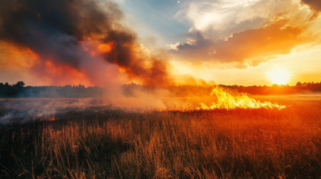 Smoke from a controlled burn drifting over a field at sunset, creating an orange haze with warm tones and soft textures in the atmosphereの素材