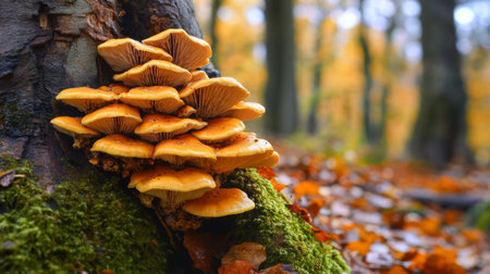 Create  prompts for stock photos related to Armillaria ostoyae mushroom next to tree trunk with lichen and moss in Autumn with - characters and ending withの素材