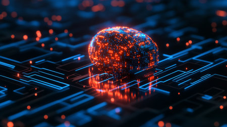 Create  prompts for stock photos related to Abstract Artificial Intelligence on Atomic and Technology Background with Computer Systems dot blue with - characters and ending withの素材