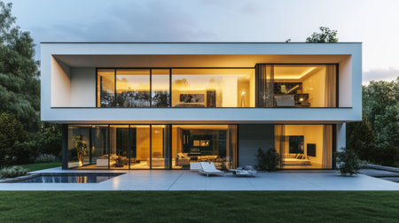 Create  prompts for stock photos related to Modern, minimalist two-story house with a flat roof and large glass windows, featuring a sleek, with - characters and ending withの素材