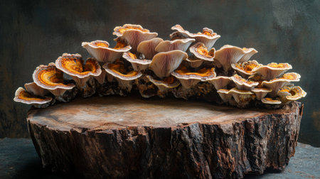 Create  prompts for stock photos related to Reishi mushroom colony growing on a tree stump with - characters and ending withの素材