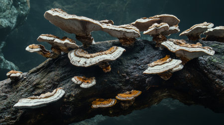 Create  prompts for stock photos related to Colonies of reishi mushrooms grow on the branches of dry trees in the rainy season with - characters and ending withの素材