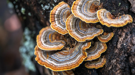 Create  prompts for stock photos related to A closeup shot of Turkey tail fungi with patterned caps growing near a tree trunk with - characters and ending withの素材
