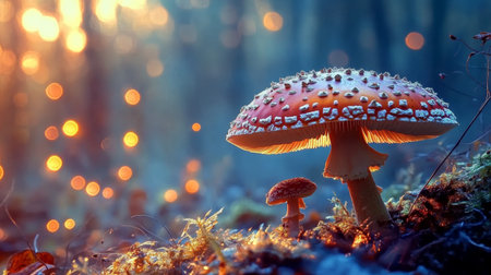 Create  prompts for stock photos related to A closeup shot of Amanita muscaria mushroom in the forest with - characters and ending withの素材