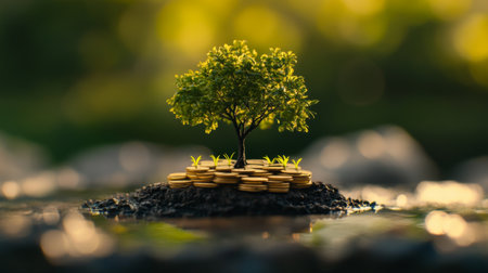 Create  prompts for stock photos related to Tree growing on coin of stacking gold coins with green bokeh background with - characters and ending withの素材