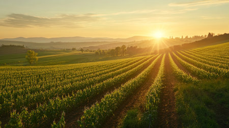 Create  prompts for stock photos related to Sunrise over the green corn field, Rows of young corn in an agricultural field at sunset or sunrise. Rural landscape with - characters and ending withの素材