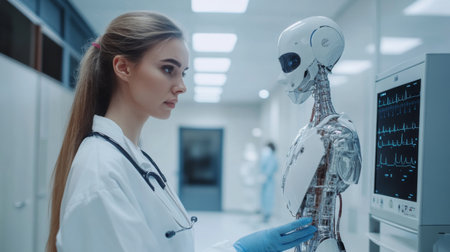 Create  prompts for stock photos related to Women AI, artificial intelligence in modern medical technology and IOT automation with - characters and ending withの素材