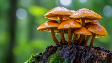 Create  prompts for stock photos related to Mushrooms group Kuehneromyces mutabilis on a tree stump with - characters and ending withの素材