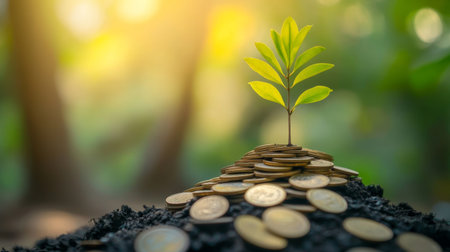 Create  prompts for stock photos related to Economic growth, saving money and business ideas concept, The trees is growing on the pile of coins with - characters and ending withの素材