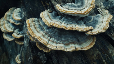 Create  prompts for stock photos related to Turkey tail, Trametes versicolor with - characters and ending withの素材
