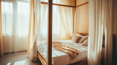 An elegantly designed four-poster bed draped with sheer curtains, positioned in a bright room with natural light streaming through large windows.の素材