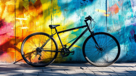 Abstract shadow of a bicycle on a flat surface with vibrant graffiti art in the background, showcasing urban culture and lifestyle.の素材