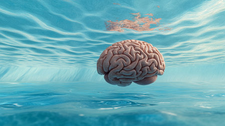 A serene image of a human brain floating in a clear blue water environment, surrounded by gentle ripples, symbolizing peace and contemplation.の素材