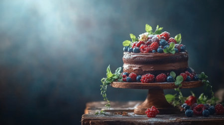 A beautifully decorated chocolate cake with rich ganache, adorned with fresh berries and mint leaves, sitting on a rustic wooden table against a soft background.の素材