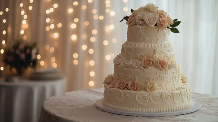 An elegant wedding cake with multiple tiers, intricately decorated with white frosting and fresh flowers, displayed on a decorated table with soft lighting.の素材