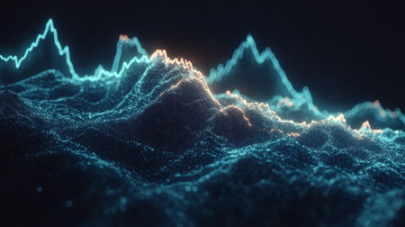 Abstract financial stock market chart with glowing blue lines on a dark background, high-tech, futuristic feel.の素材
