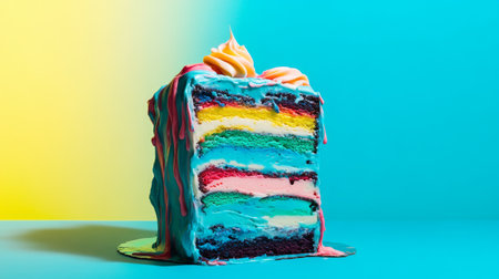 An artistic presentation of a layered cake with colorful frosting swirls, placed on a bright background, highlighting the fun and creativity of cake design.の素材