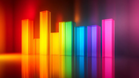 D bar chart with a gradient color scheme, set on a reflective surface, capturing light beautifully, representing analytical data in a visually appealing manner.の素材