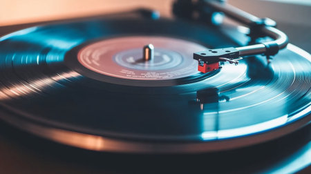 A close-up of a vintage vinyl record player with a spinning record, showcasing the intricate needle and turntable in warm, ambient lighting.の素材