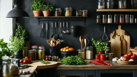 A beautifully arranged kitchen countertop with fresh ingredients like herbs, vegetables, and spices, ready for meal preparation, capturing the essence of cooking.の素材