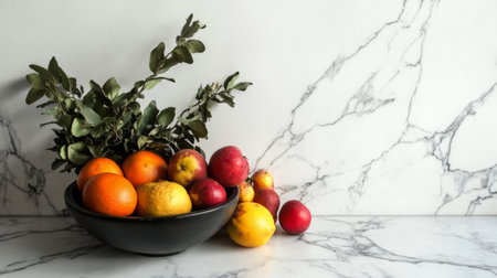 An elegant arrangement of fresh fruits and vegetables on a white marble countertop, emphasizing the beauty of natural ingredients in cooking.の素材