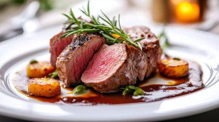 A beautifully plated dish featuring an elegant arrangement of food, garnished with fresh herbs and drizzled with sauce, highlighting the artistry of culinary presentation.の素材