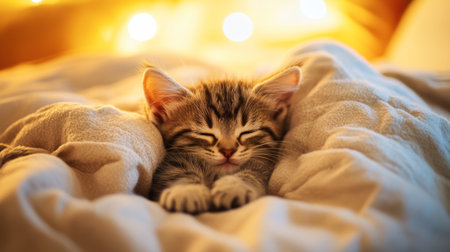 A fluffy kitten curled up in a cozy blanket, with its tiny paws tucked under its chin, surrounded by soft pillows and warm lighting for a heartwarming scene.の素材