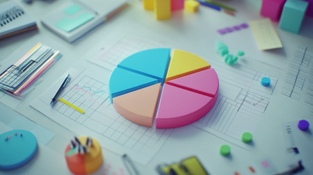 A detailed financial pie chart with segments in various colors, surrounded by notes and office materials, representing financial distribution and analysis.の素材