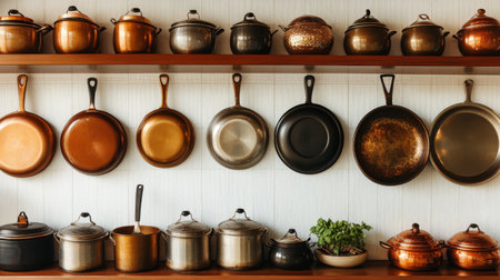 A collection of Thai cooking pots and pans arranged neatly on a shelf, showcasing the variety of cookware used in traditional Thai cuisine.の素材