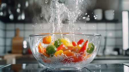 A close-up of a bubbling pot on the stove, with steam rising and colorful vegetables visible, showcasing the excitement of cooking in action.の素材