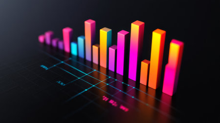 Aerial view of a D bar chart with glossy finishes in vibrant colors, arranged in ascending order, creating a striking visual effect against a dark backdrop.の素材